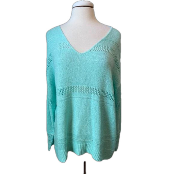 Olivia Sky NWT Women's 1X Boho Open Knit Long Sleeve V Neck Hi Lo Mint Sweater - Picture 1 of 11